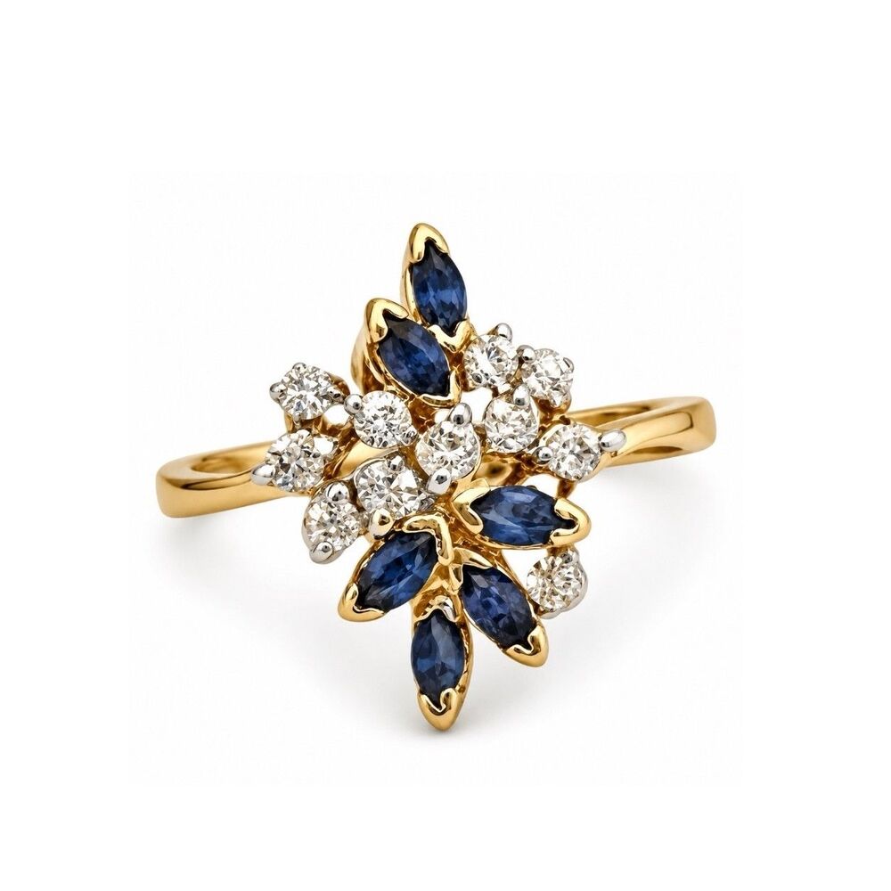 Vintage 1970s Ring Size 6 Blue CZ Cluster Cocktail Ring 14KT Gold Plate - 14Y